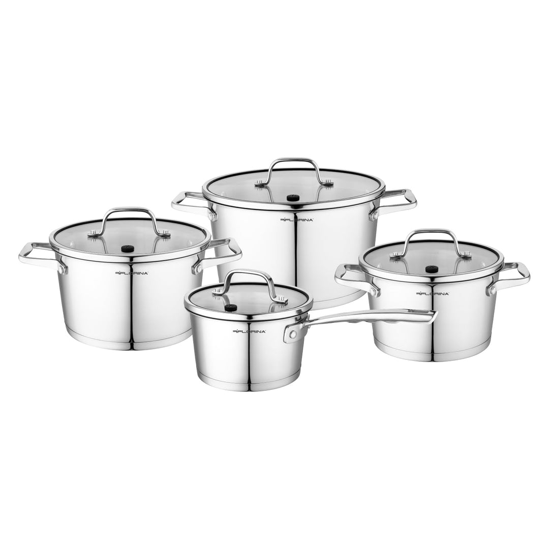 FLORINA Professional Kochtopf Set Edelstahl, 8-Teilig, Induktion, 4 Topfe, 4 Glasdeckel, Geeignet fü