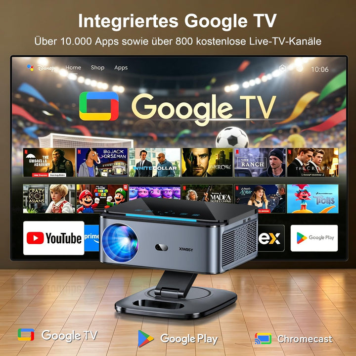 Beamer mit Google TV 14.0 Unterstützt 4K Autofokus 2200 ANSI 360°-Drehung | Google Sprachsteuerung,