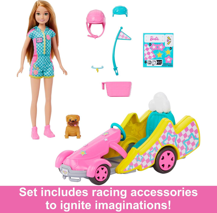 Barbie und jüngere Schwester Stacie - Gokart Abenteuer Spielset mit praktischem Hundekorb zum Anbrin