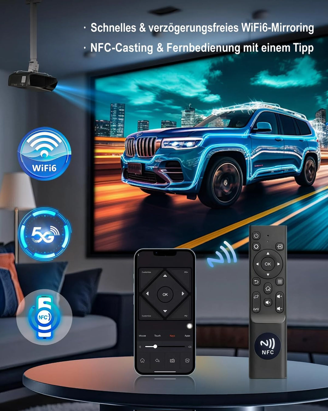 LED Beamer 4K 1800 ANSI Tageslicht Tauglich HDR10+, Smart Beamer Android WLAN Bluetooth 5.2 WIFI6 mi