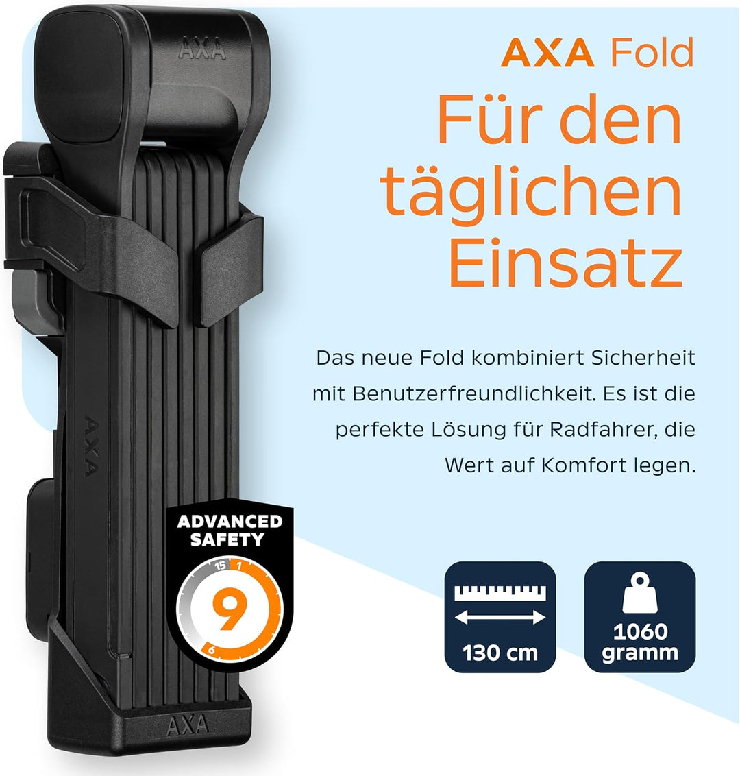 AXA Fold 130 Faltschloss – Länge 130 cm – Sicherheitsstufe 9 – Halterung inkl. Tracking-Tag-Fach – M