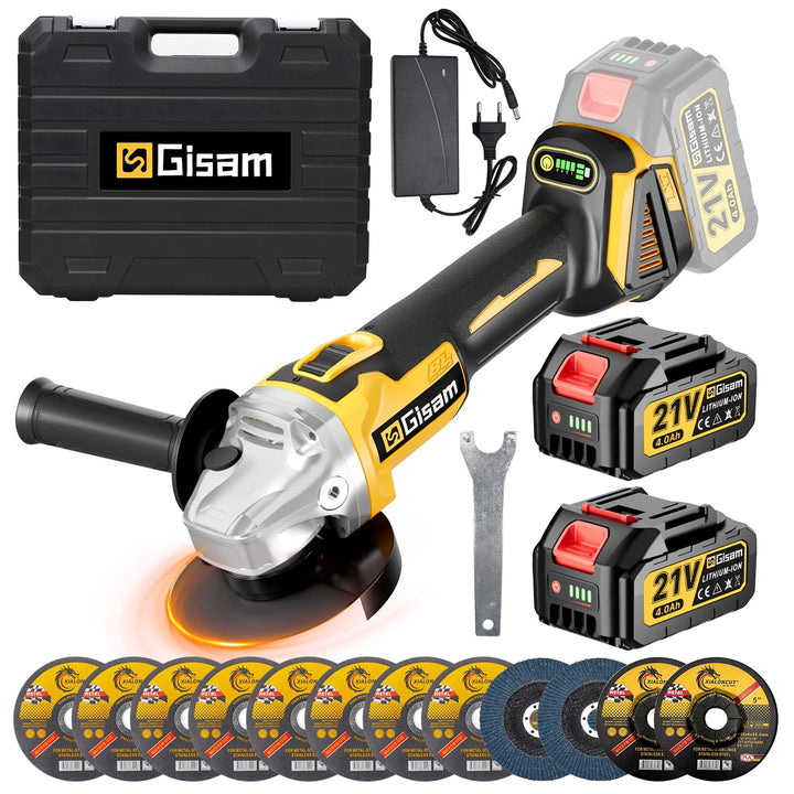 Gisam Akku Winkelschleifer 125mm, Bürstenloser Motor, 4 Drehzahlstufen, 10000 U/min, Flex Akku Winke
