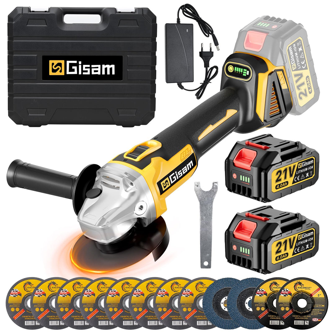 Gisam Akku Winkelschleifer 125mm, Bürstenloser Motor, 4 Drehzahlstufen, 10000 U/min, Flex Akku Winke