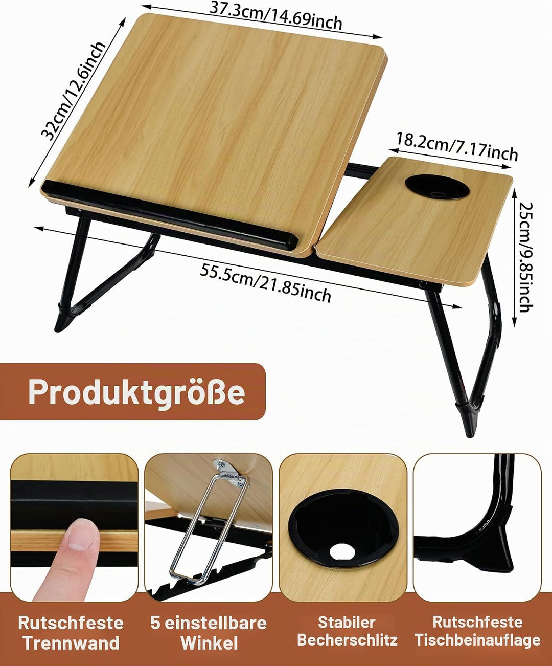 Klapptisch und Bett-Tisch 55,5x32x25cm - Frühstückstablett mit Leseablage und Getränkehalter, 5 vers