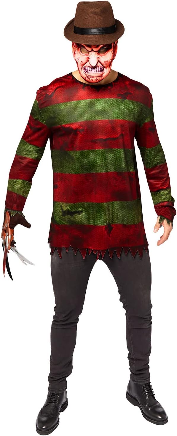 Amscan - Erwachsenenkostüm Freddy Krüger, Oberteil, Maske, Handschuh, Serienmörder, Killer, Hallowee