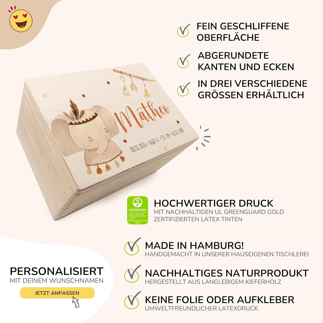 KIDSMOOD - Erinnerungsbox Baby, personalisierte Holzkiste mit Deckel, Ideal zur Aufbewahrung von Eri