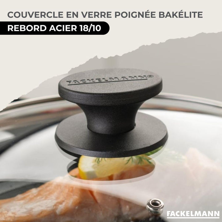 Fackelmann 9445750 Set mit 2 Pfannen 20 und 28 cm aus Edelstahl 18/8, 2 Glasdeckel und 6 Edelstahlut