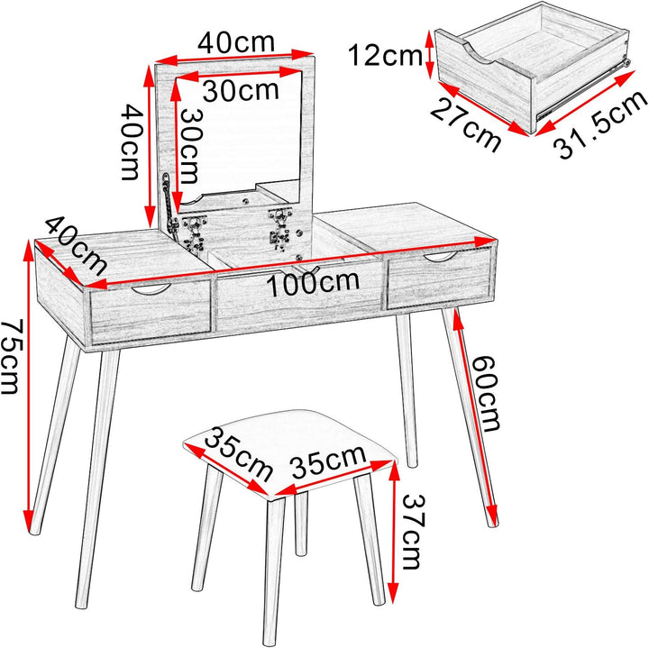 EUGAD Schminktisch mit Spiegel und Hocker, Frisiertisch mit Aufklappbarem Spiegel, 100x40x75cm, Schr