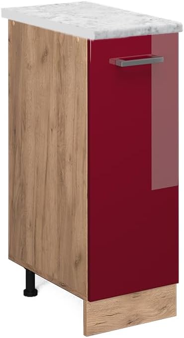 Vicco Unterschrank für die Küche: R-Line, Bordeaux Hochglanz/Goldkraft Eiche, 30 cm AP Marmor Bordea