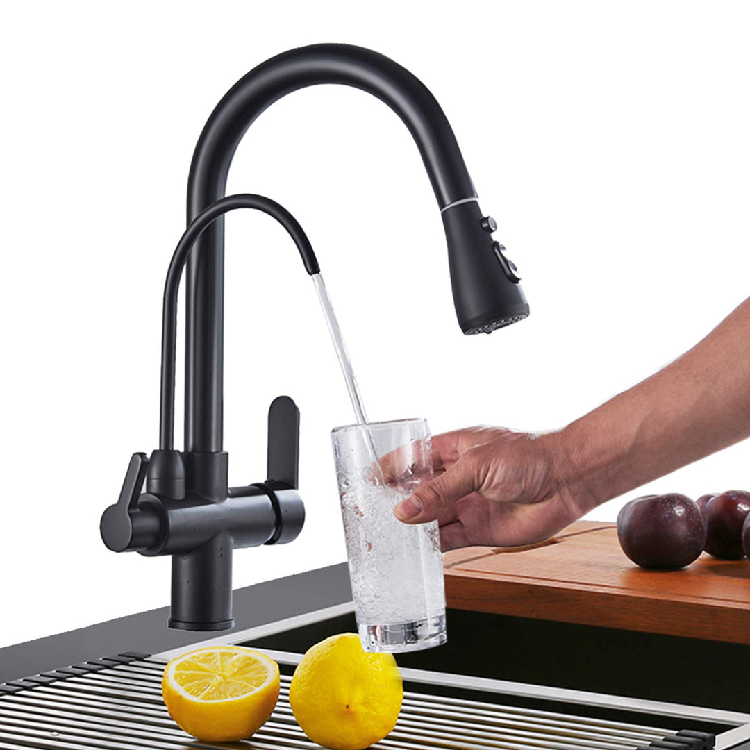 Onyzpily Wasserhahn Küche Schwarz Reines Wasser Küchenarmatur mit ausziehbar Doppelgriff Heisses und
