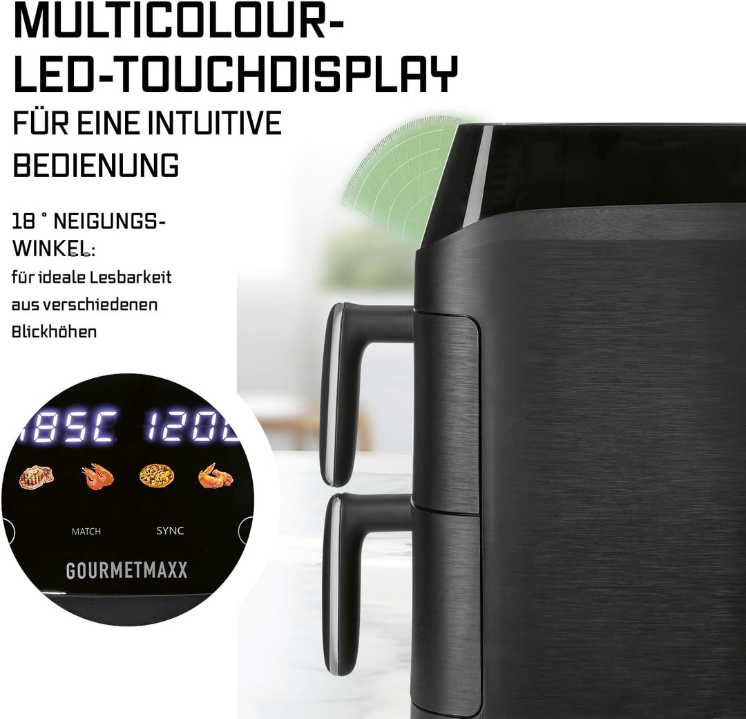 GOURMETmaxx FryUp Vertikale Doppelkammer Heissluftfritteuse XS | Airfryer mit MultiColour-LED-Touchd
