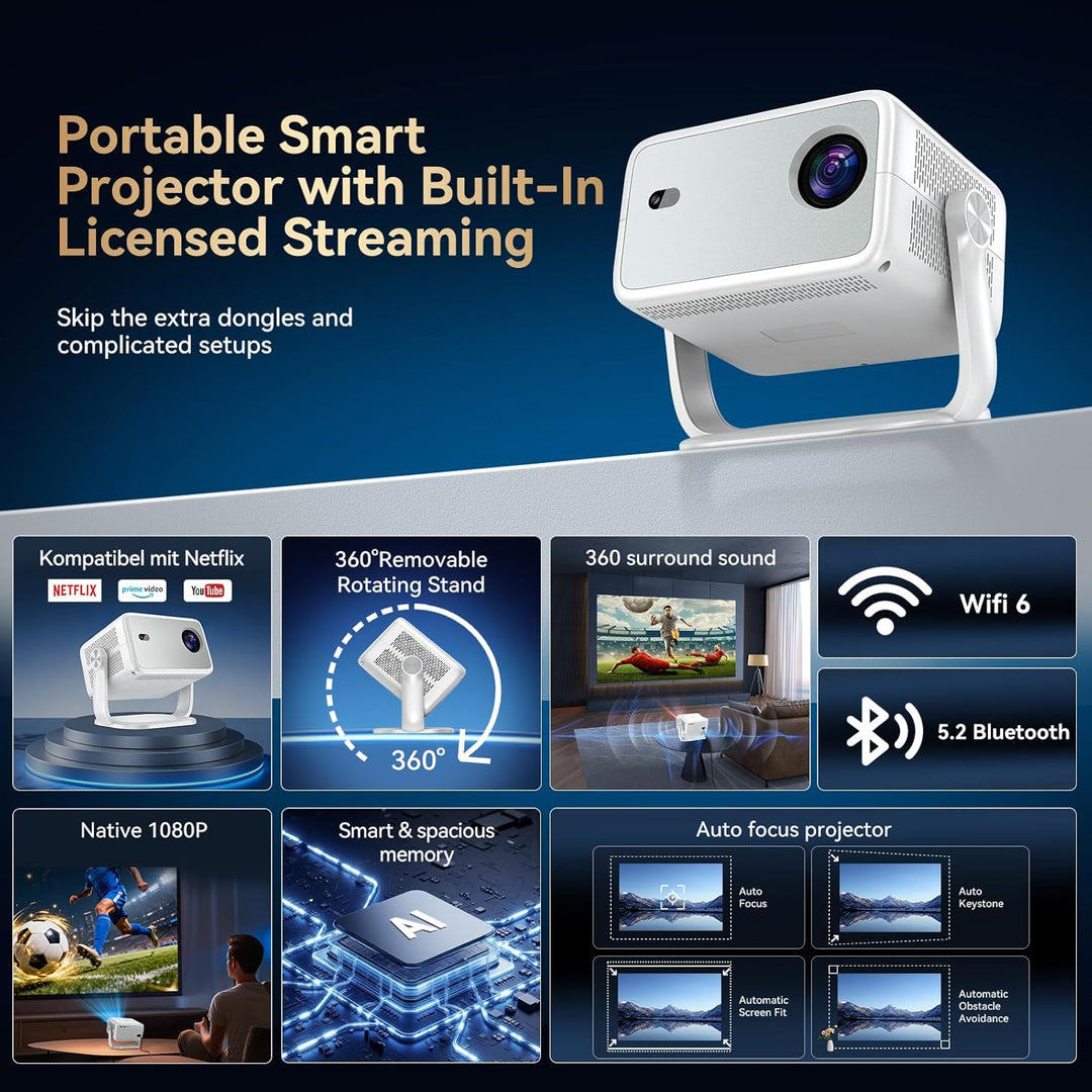 Beamer 4k 【Kompatibel mit Netflix/360° Drehbar】,Smart Beamer mit Autofokus/6D Trapezkorrektur,1080P