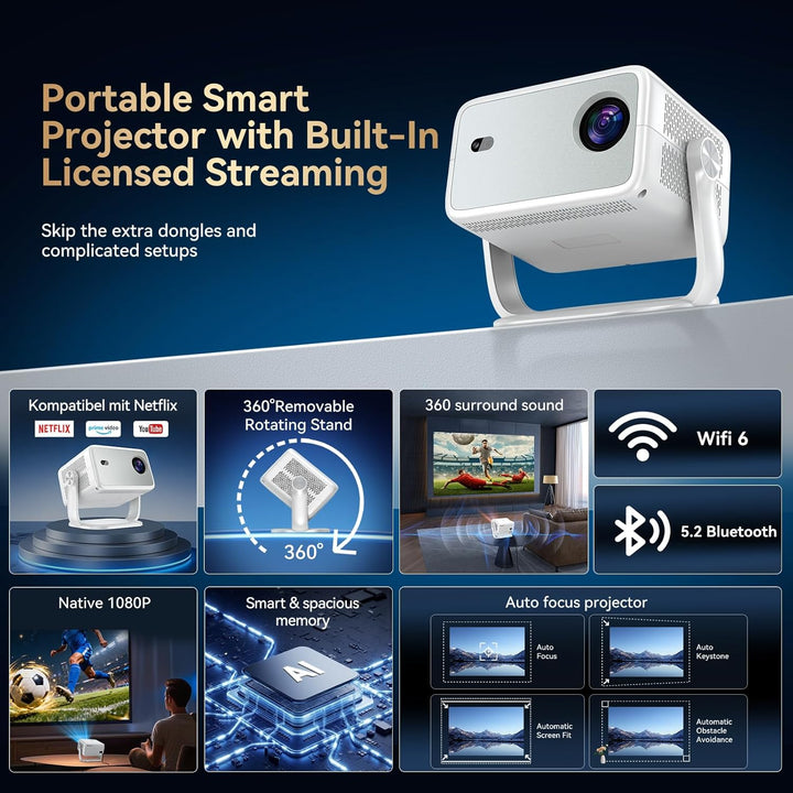 Beamer 4k 【Kompatibel mit Netflix/360° Drehbar】,Smart Beamer mit Autofokus/6D Trapezkorrektur,1080P