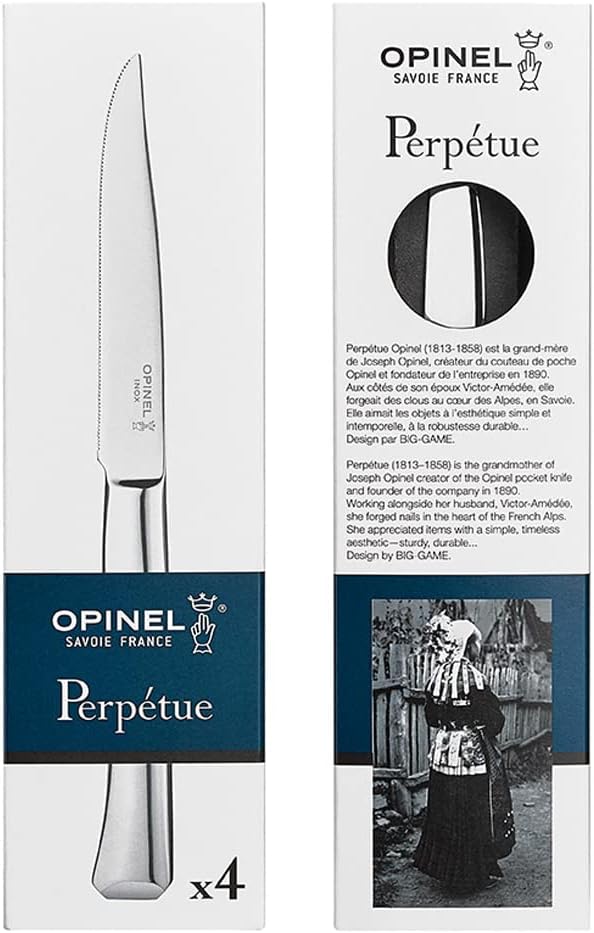 Opinel Schachtel mit vier Tafelmessern Perpétue aus Edelstahl, leicht zu reinigen, gut für Fleisch u