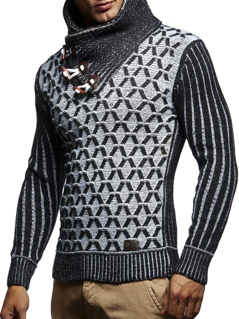 Leif Nelson Herren Strick-Pullover Schalkragen Slim Fit Winter Sommer Moderner Männer schwarzer Pull