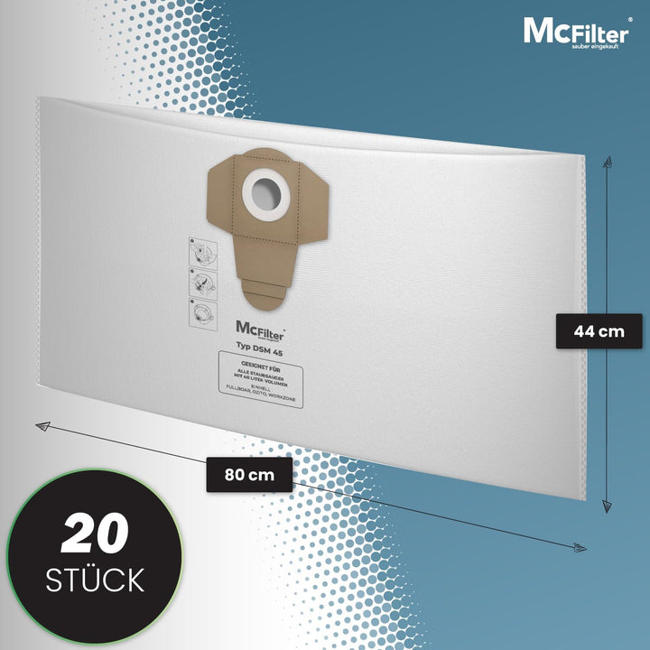 McFilter | 20 Staubsaugerbeutel 40l | kompatibel für ALLE Einhell 40 Liter Nass-Trockensauger | Schm