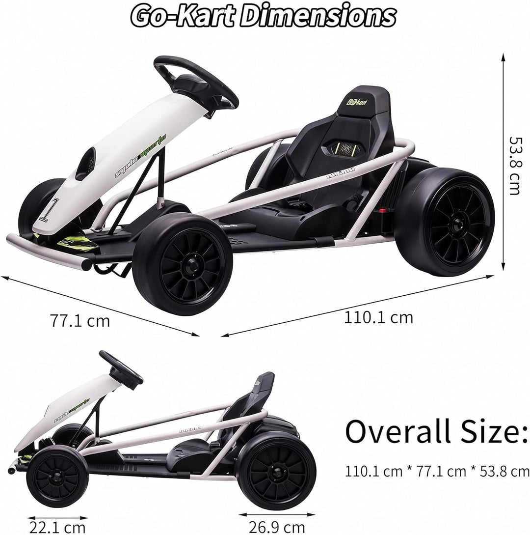 Elektrisches Go-Kart Weiss 24V für Kinder, Drift Kart mit 2×12V 9Ah Akku, Verstellbarem Sitz, Vor- u