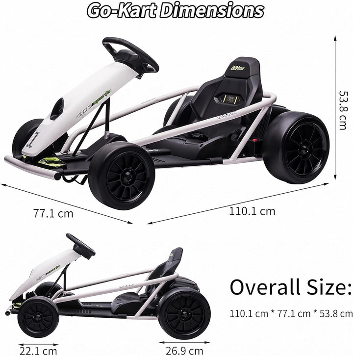 Elektrisches Go-Kart Weiss 24V für Kinder, Drift Kart mit 2×12V 9Ah Akku, Verstellbarem Sitz, Vor- u