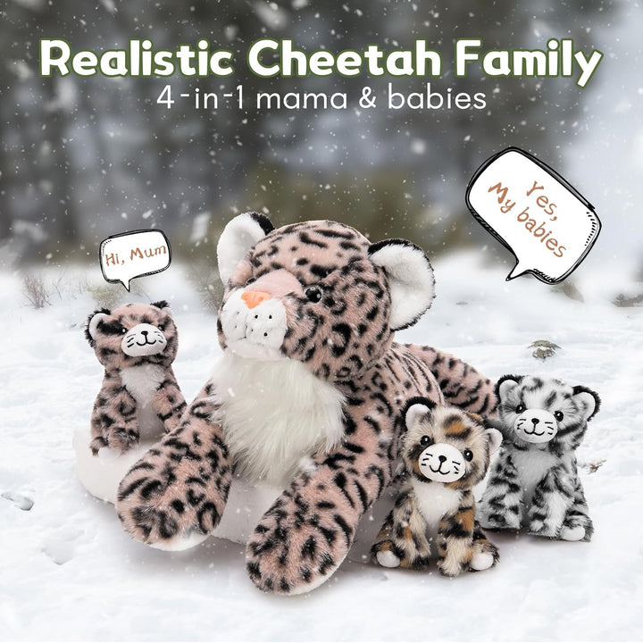 MorisMos 45cm riesen Leopardo Kuscheltier XXL mit 3 Baby im Bauch, gross liegend Plüsch Leopard XXL,