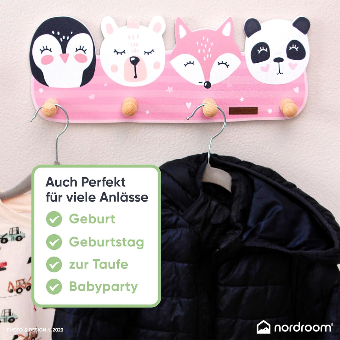 Kindergarderobe mit 4 Haken - Wandgarderobe mit Tiermotiven für Kinderzimmer Garderobenhaken aus Hol
