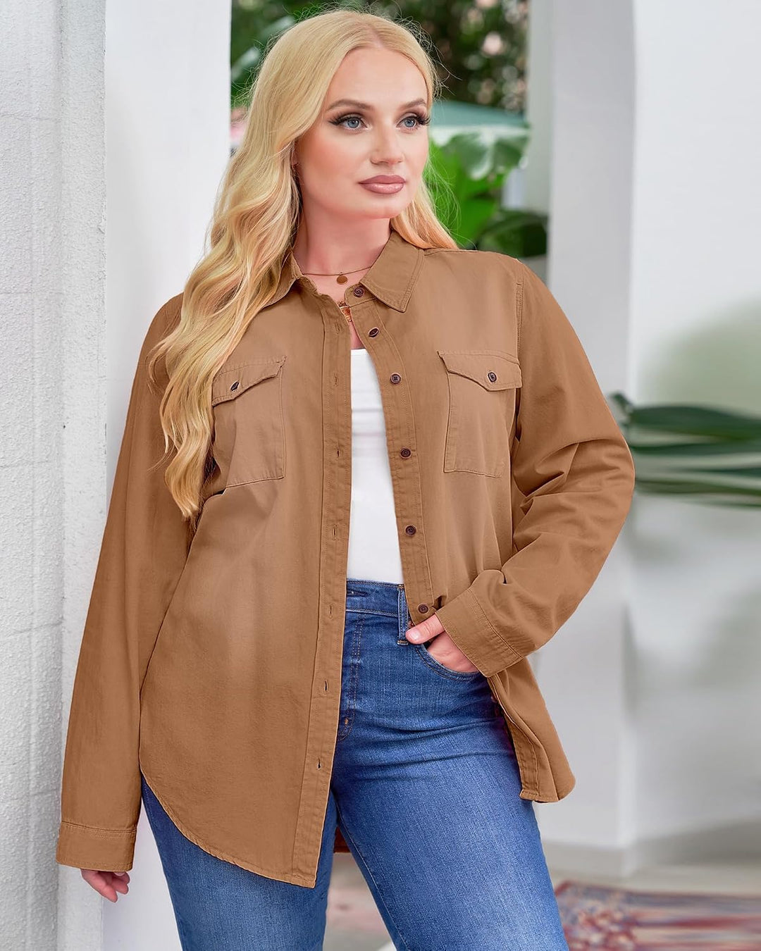 Roskiky Damen Jeanshemd - Damen Western Hemden Tunika Langarm Button Down Oberteile XS Mandelbraun,