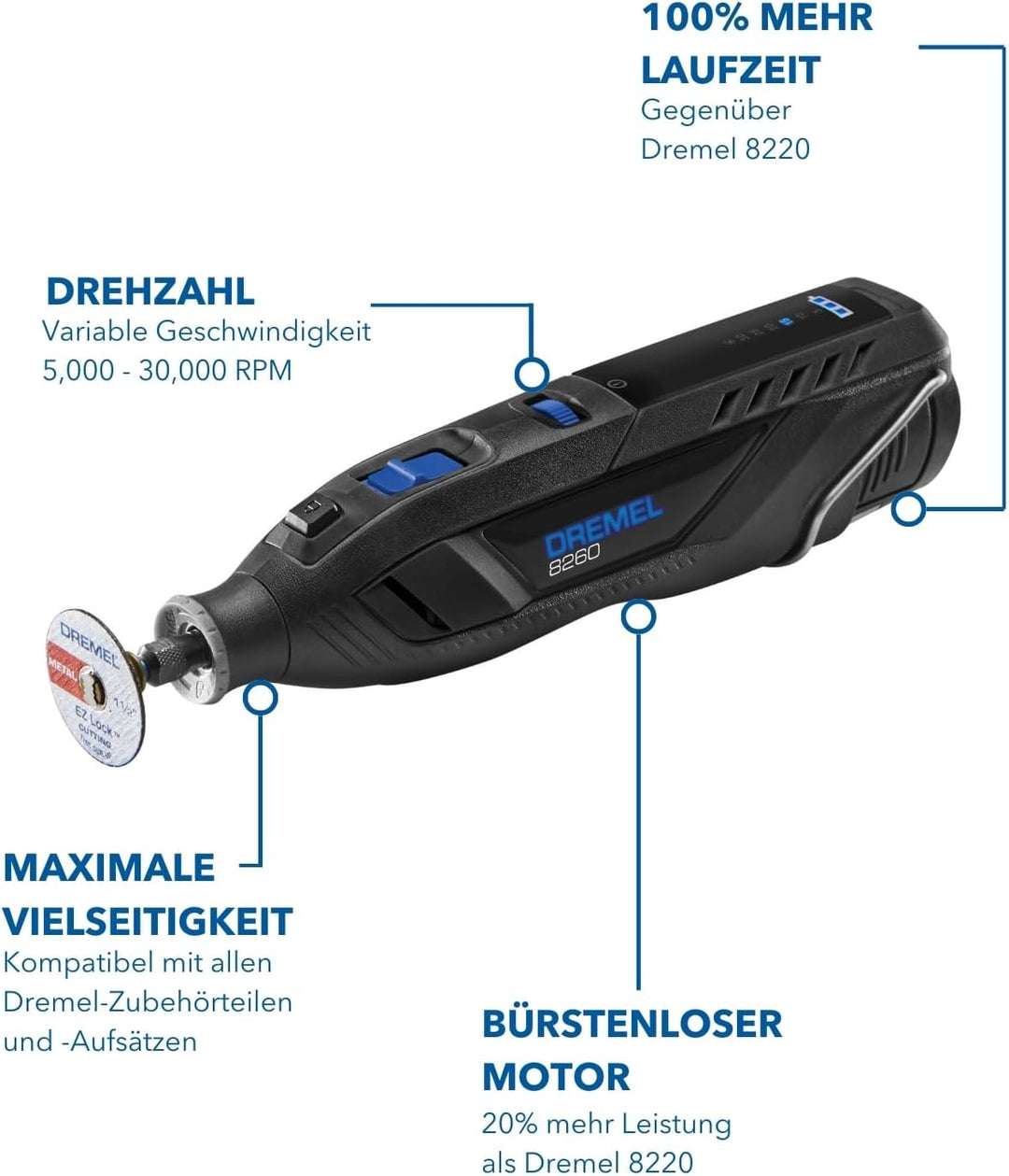 Dremel 8260 Akku-Rotationswerkzeug mit bürstenlosem Motor und 12V 3Ah Lithium-Ionen-Akku, Akku-Multi