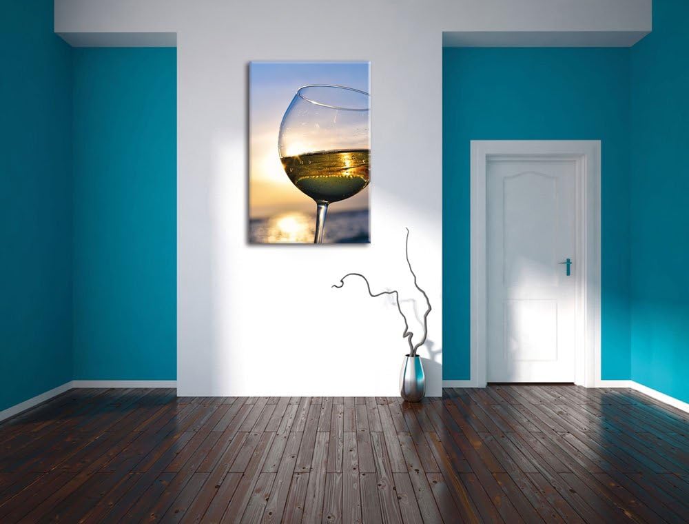 Pixxprint Weingläser im Sonnenuntergang am Meer, Format: 100x70 auf Leinwand, 100x70