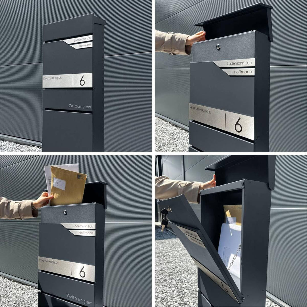 Metzler Standbriefkasten freistehend in Anthrazit RAL 7016 für 2 Parteien mit Zeitungsfach - Zwei Na