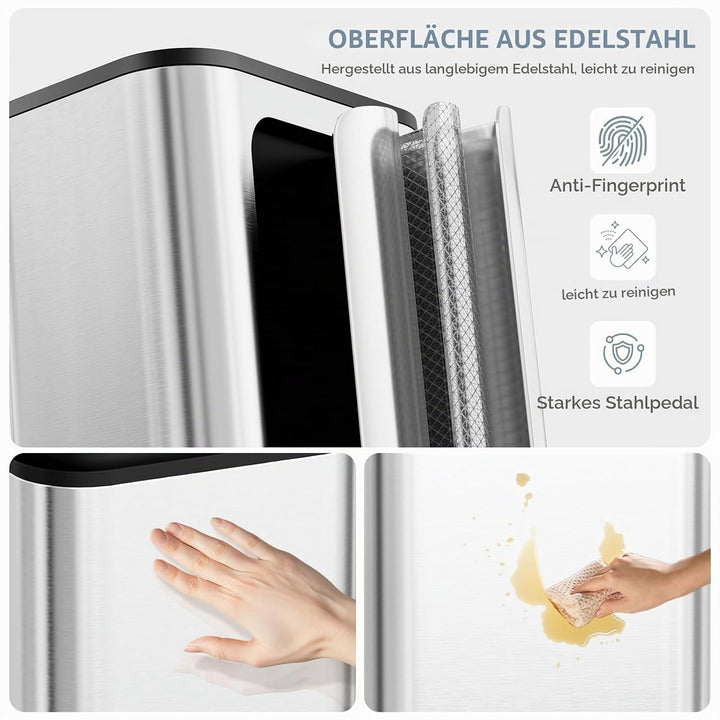 Clevich Mülleimer 30L mit Stahlkorpus und Soft-Close-Funktion, Deckel mit Edelstahloberfläche, abneh