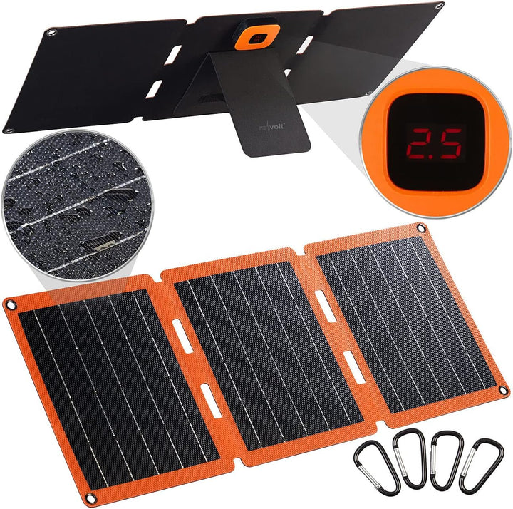 revolt Solar Panel USB: 21-Watt-Solarpanel-Ladegerät, USB-C/-A, je 2,4 A, faltbar, IP65, ETFE (Solar