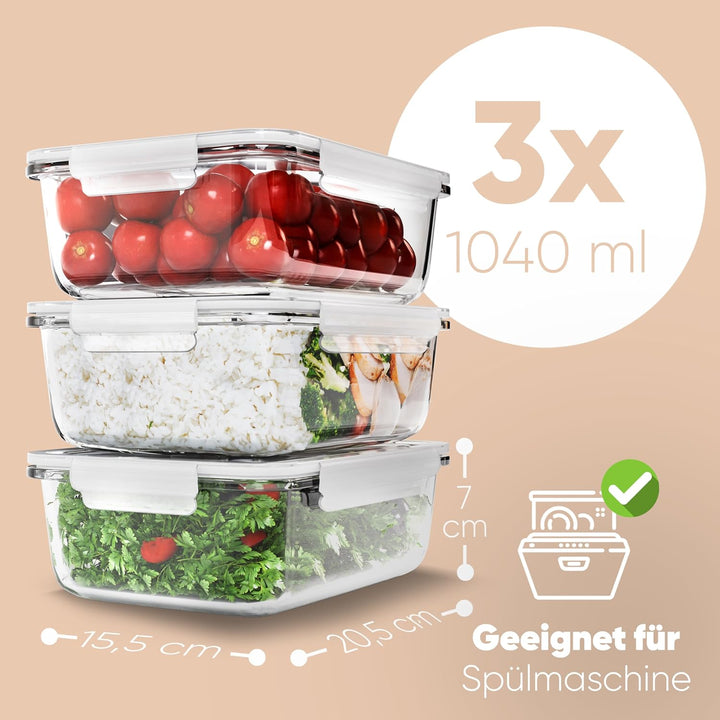 Frischhaltedosen Glas mit Deckel | 3er Set | für Mikrowelle Spülmaschine Gefrierfach Ofen geeignet |