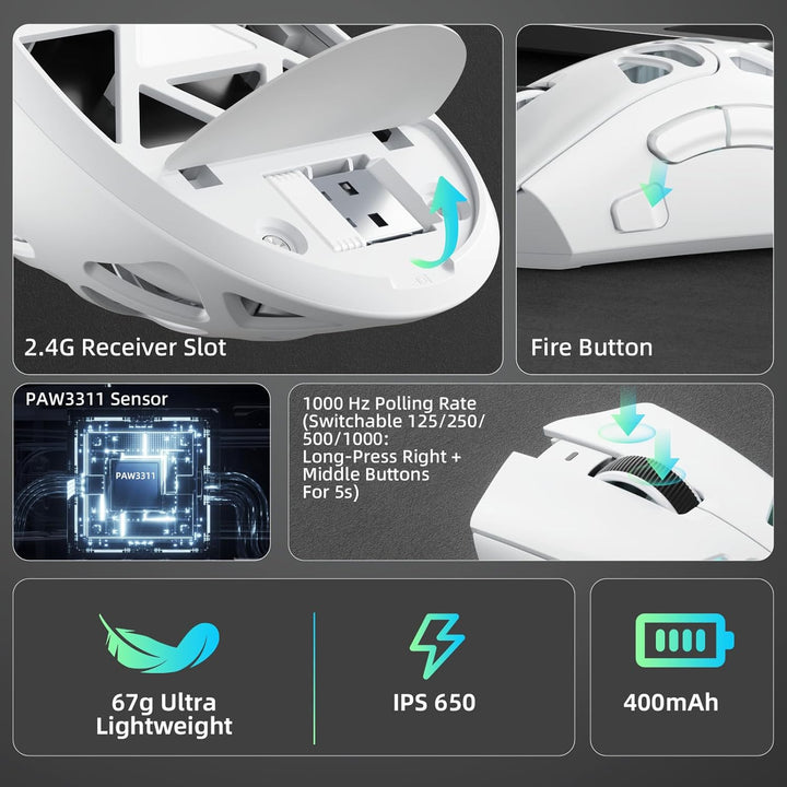 AULA SC620 Kabellose Gaming Maus,BT5.0/2.4G/USB-C,mit PixArt PAW3311-Sensor,12000DPI,8KHz,Feuertaste