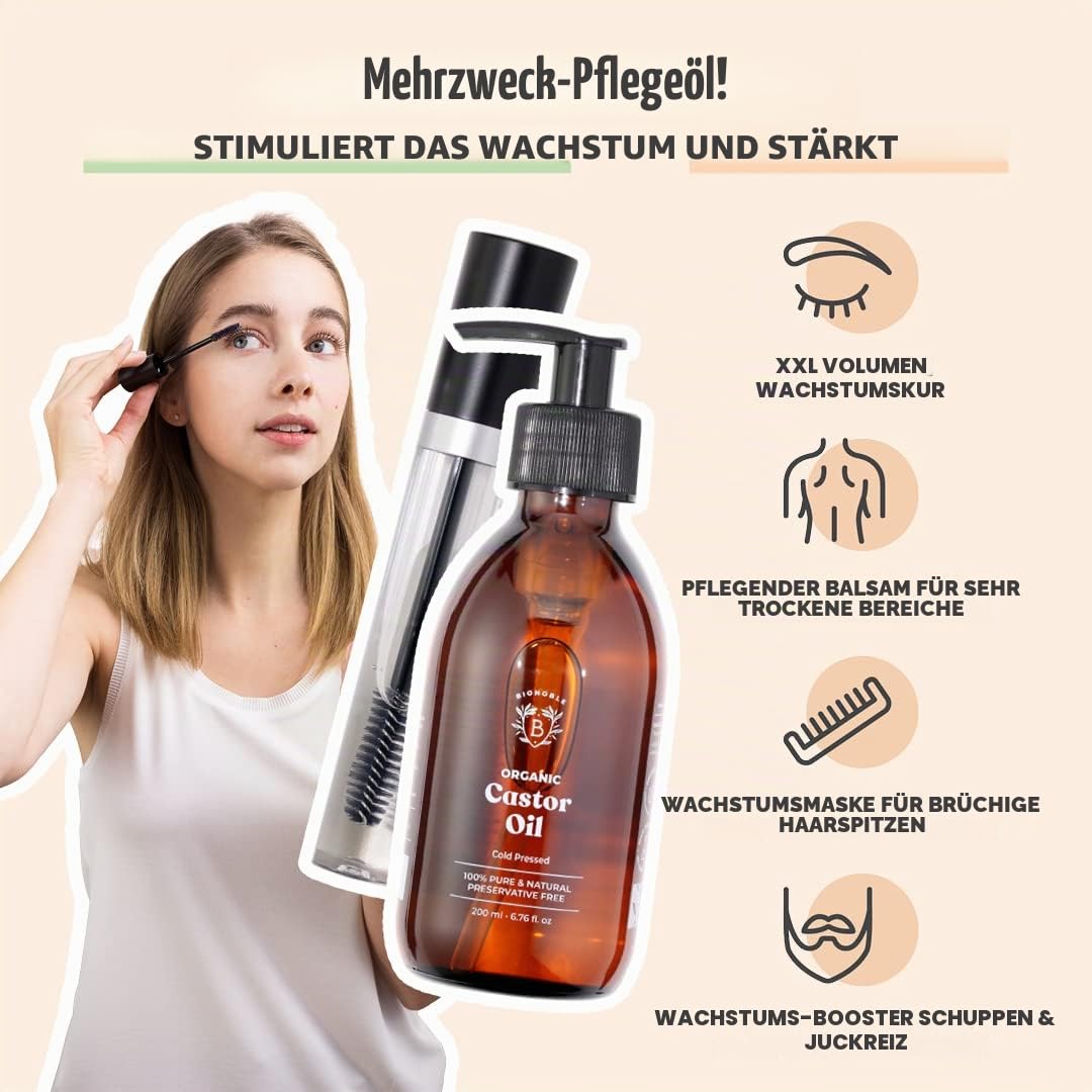 Bionoble Rizinusöl Bio 200ml &amp; Jojobaöl Bio 50ml - 100% Rein, Natürlich und Kaltgepresst - Gesicht,