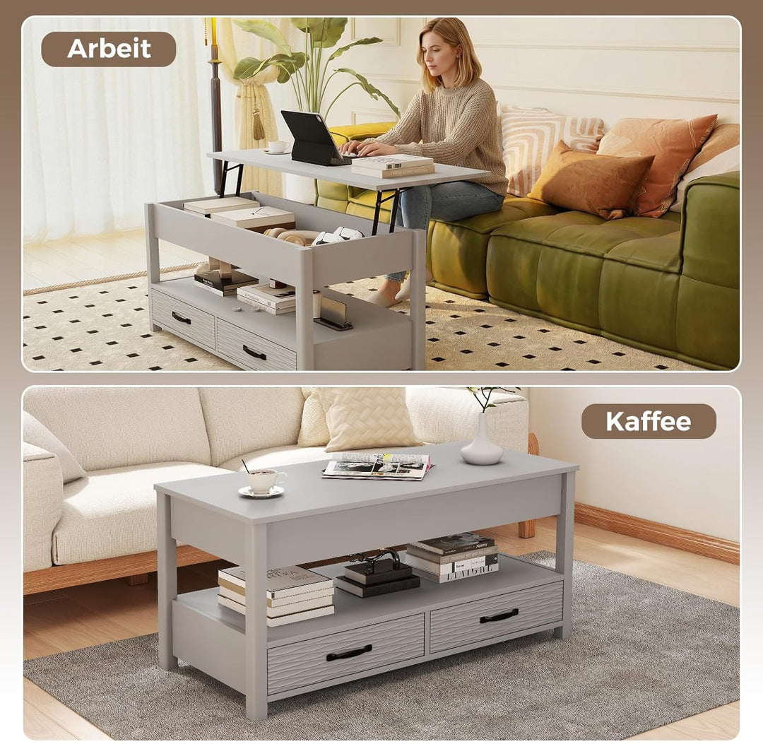 COSTWAY Couchtisch Höhenverstellbar, Sofatisch mit offene Ablage & 2 Schubladen, Wohnzimmertisch mit