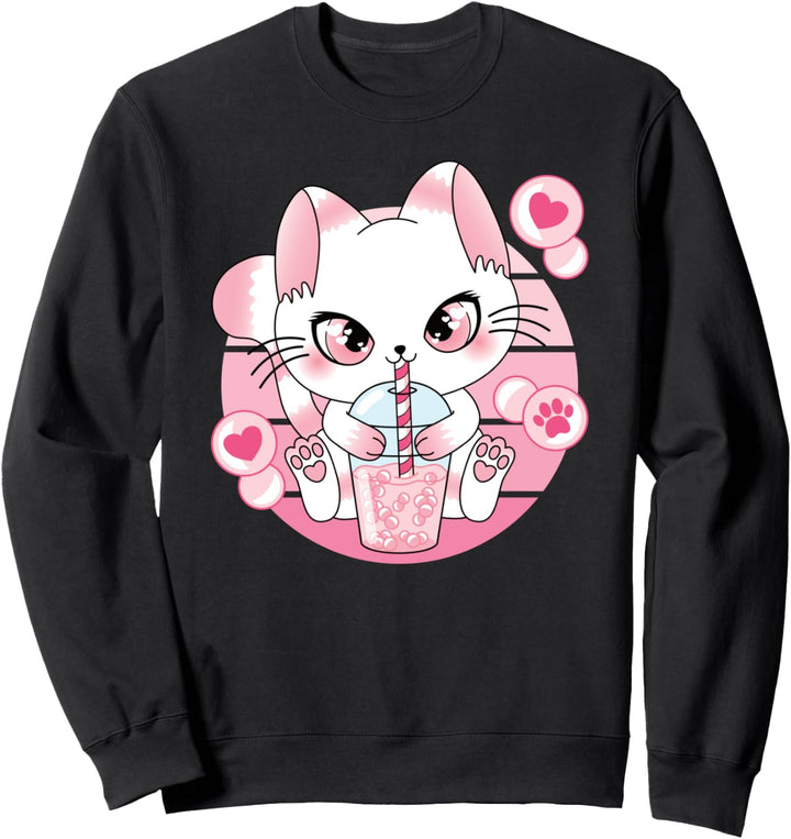 Süsse Japanische Anime Kawaii Bubble Tea Katze Rosa Boba Tea Sweatshirt