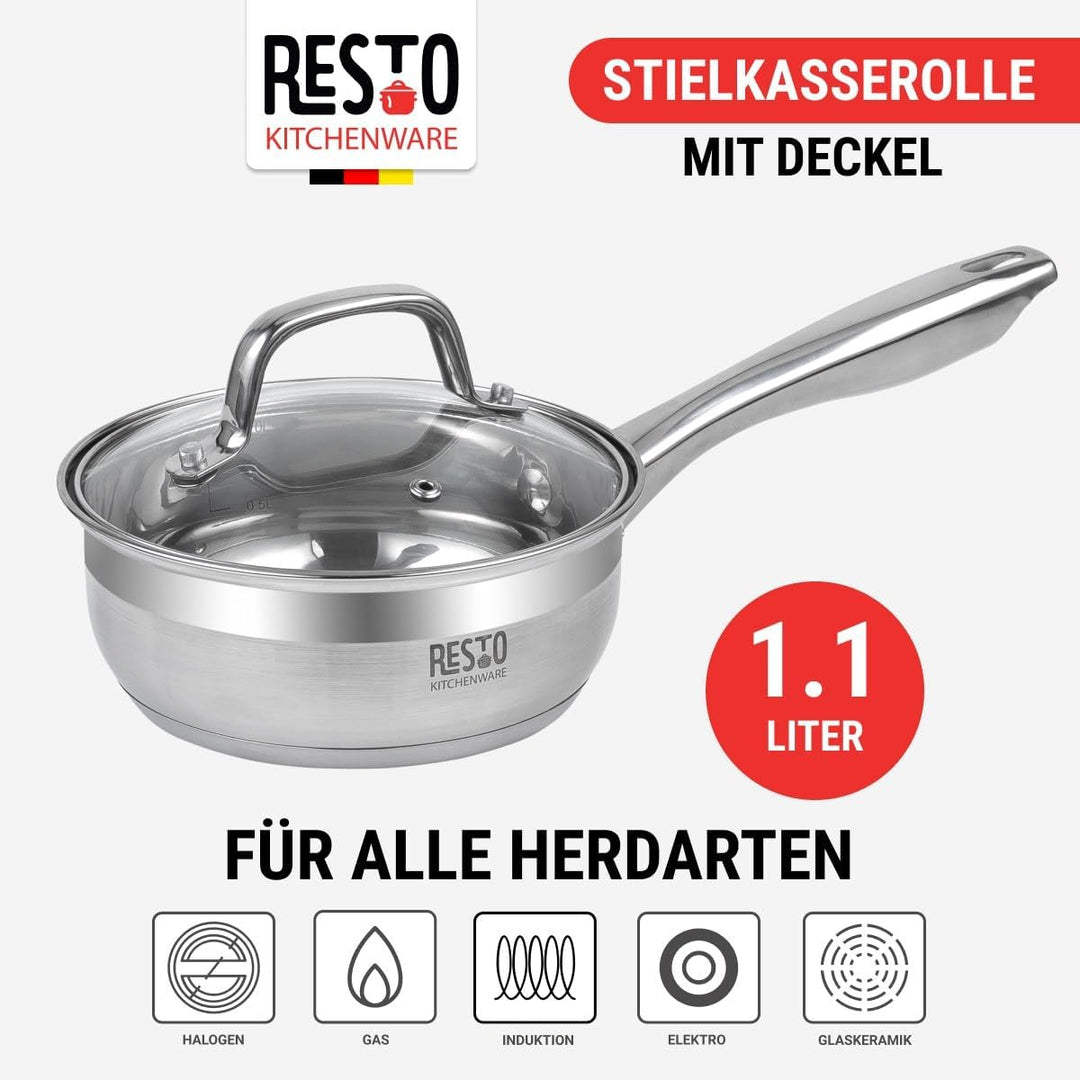 RESTO Kochtopf 1l, Bratentopf 16 cm– Saucepan Stielkasserolle aus Edelstahl mit hitzebeständigem Gla