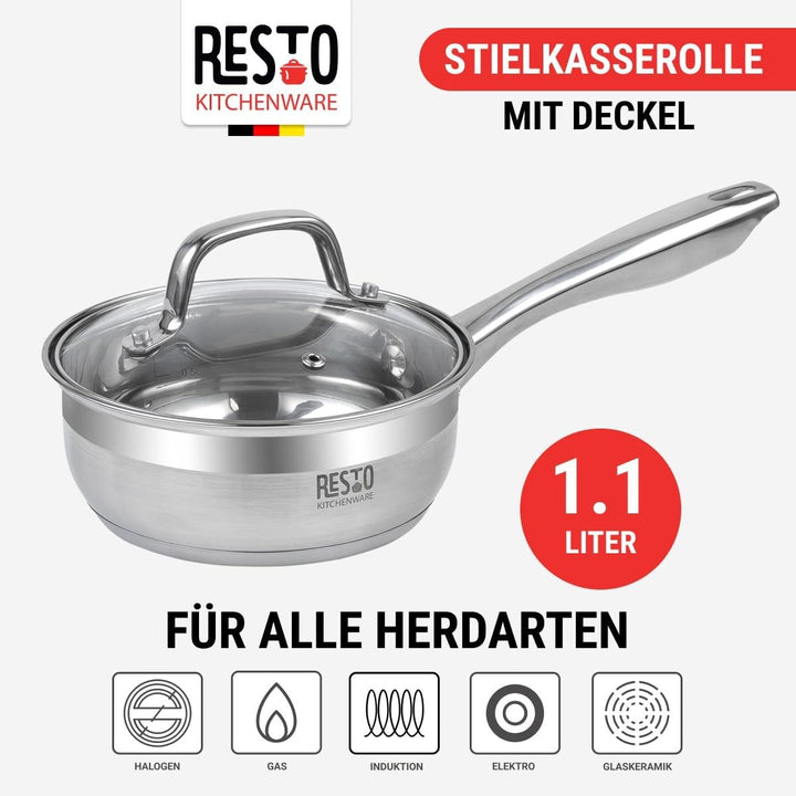 RESTO Kochtopf 1l, Bratentopf 16 cm– Saucepan Stielkasserolle aus Edelstahl mit hitzebeständigem Gla