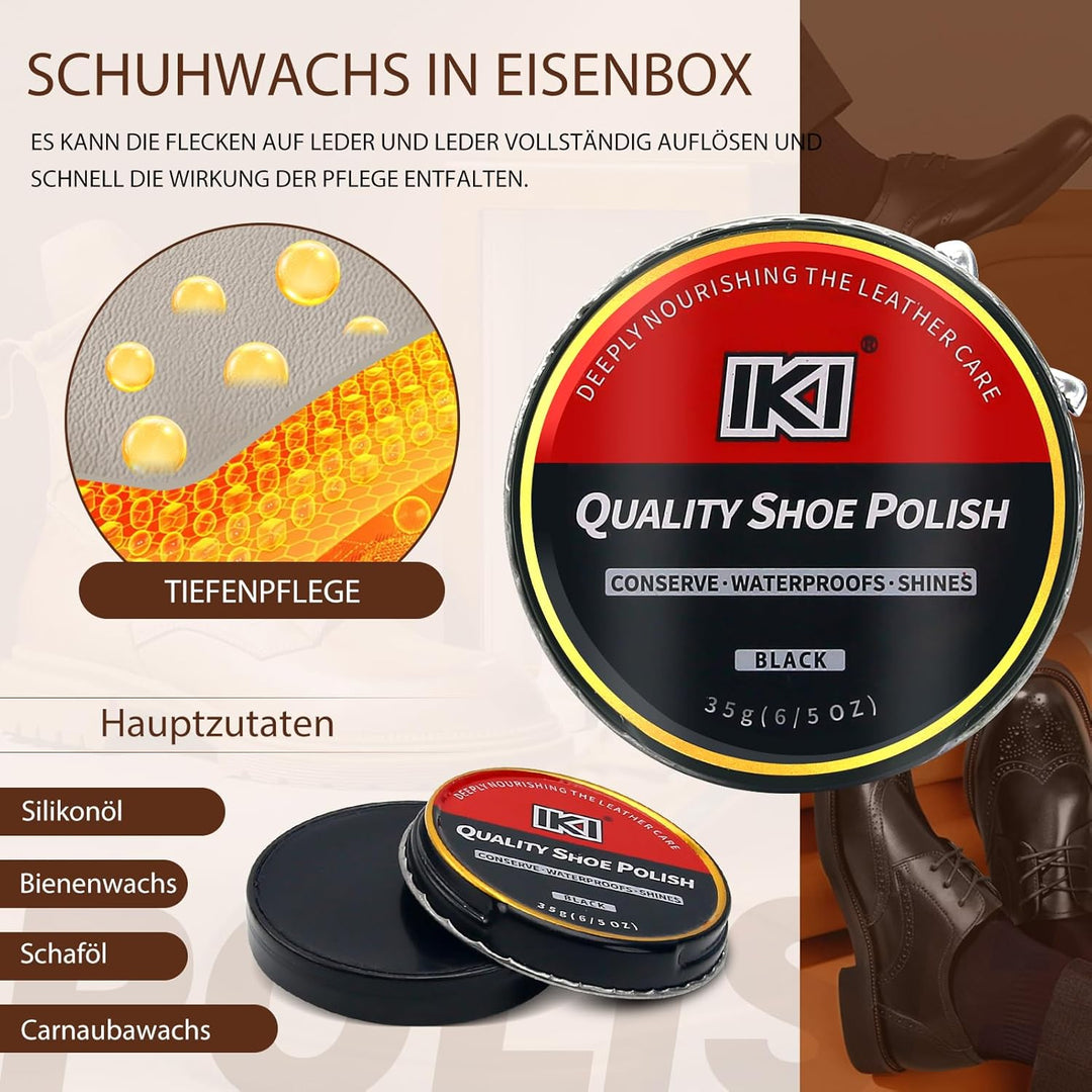IKI Premium Lederschuhpflegeset - farbloses & schwarzes Lanolin, Schuhwachs, 2 Rosshaarbürsten, Flan