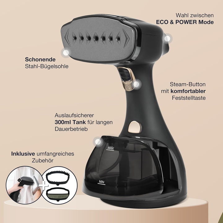 LEBENLANG Schwarz Steamer Dampfglätter 1500W + Premium Fusselrasierer Elektrisch 4000mAh I Bundle Op