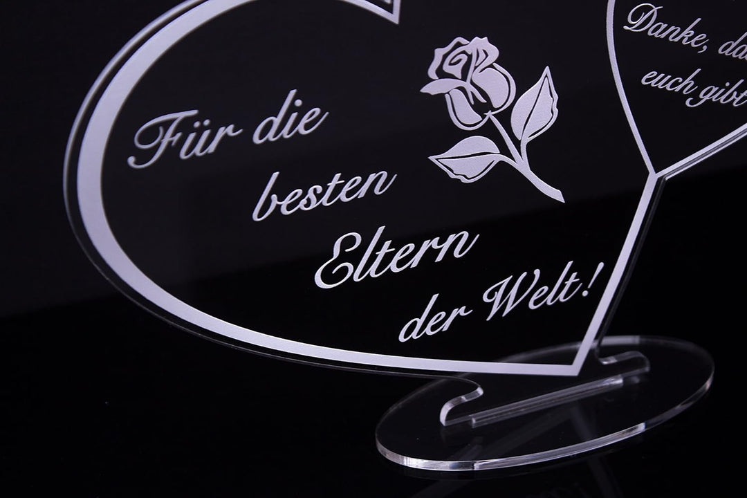 Acryl Schild in Herz Form "Für die besten Eltern der Welt" die perfekte Geschenkidee, mit Lasergravu