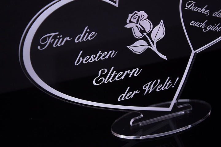 Acryl Schild in Herz Form "Für die besten Eltern der Welt" die perfekte Geschenkidee, mit Lasergravu