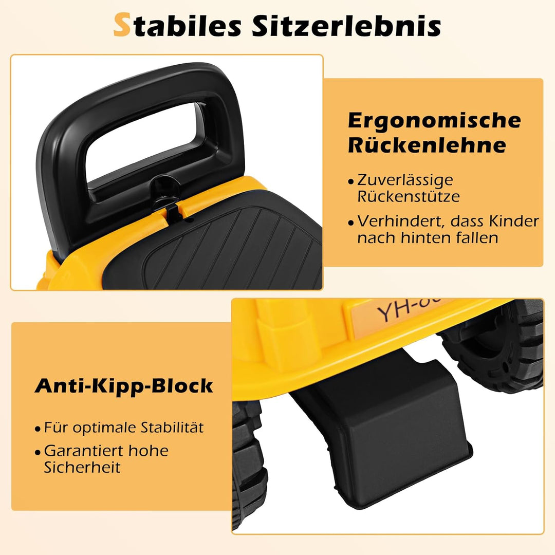 DREAMADE Kinder Sitzbagger, Bagger zum draufsitzenmit Verstellbarer Schaufel &amp; Hupe &amp; Kippschutz, Au