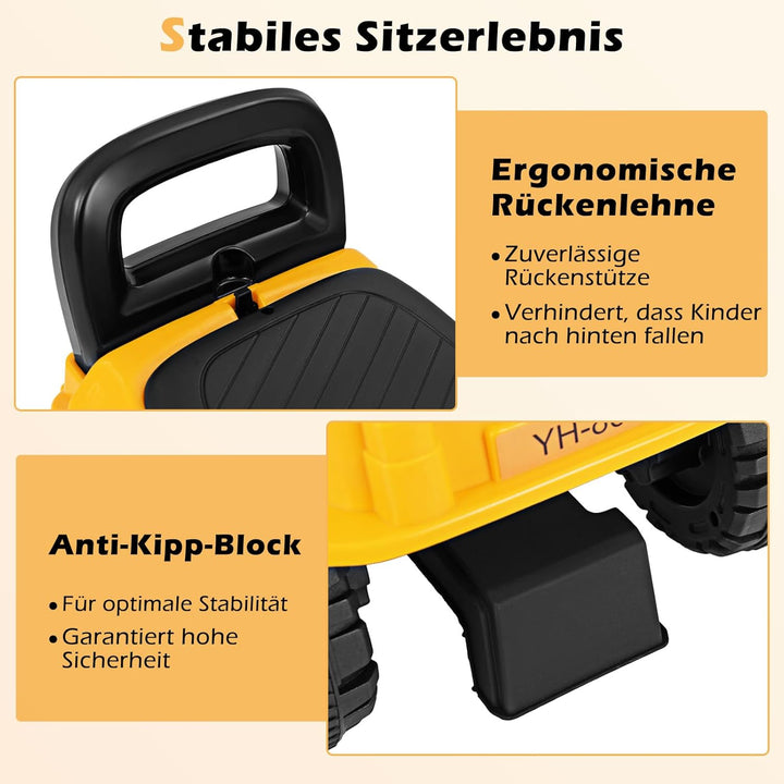 DREAMADE Kinder Sitzbagger, Bagger zum draufsitzenmit Verstellbarer Schaufel &amp; Hupe &amp; Kippschutz, Au