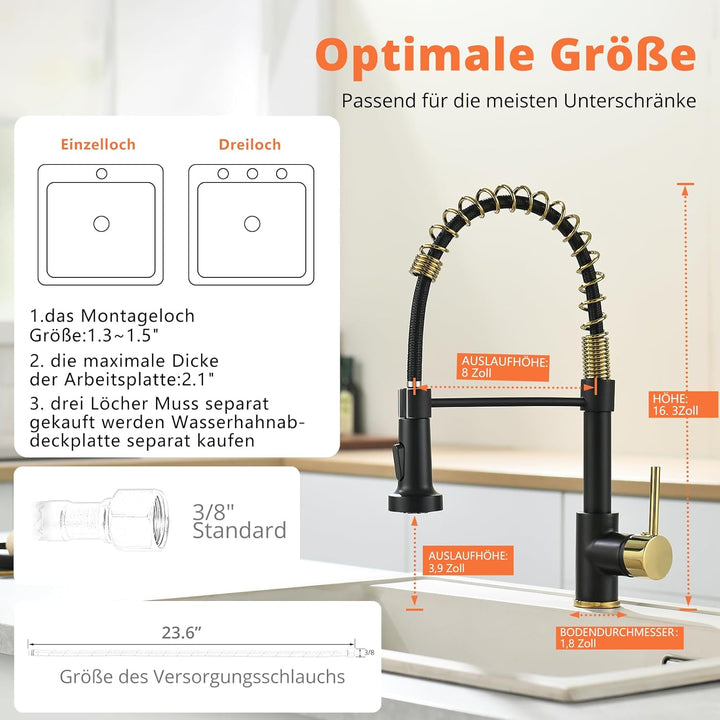 AIMADI Wasserhahn Küche Schwarz Glod küchenarmatur mit Herunterziehen Brause Armatur Küche mischbatt