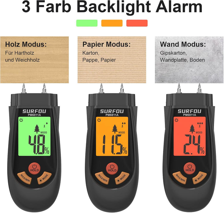 SURFOU Feuchtigkeitsmessgerät für Wand, Holz, Papier, Digitaler Feuchtigkeitsmesser mit 3 Modi & LED