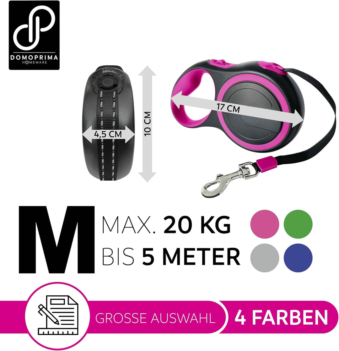 DOMOPRIMA Flexible Hundeleine 5 Meter, 3 Grössen (S,M,L), 4 Farben (grau, blau, grün, pink) - Rollle