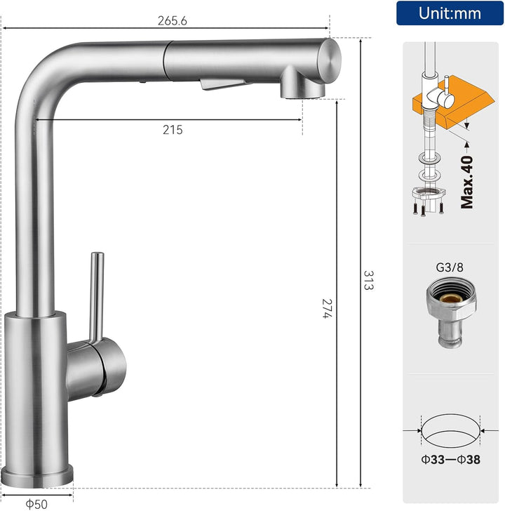 CECIPA Hochdruck Wasserhahn Küche Ausziehbar, Küchenarmatur mit Brause Zwei Wasserstrahlarten, Einhe
