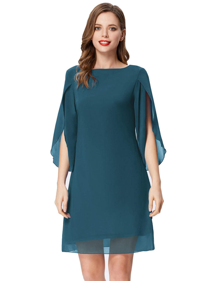 GRACE KARIN Damen Kleid Elegant Chiffon Kleid 3/4 Ärmel Loose Abend Cocktailkleid M Pfauenblau, M Pf