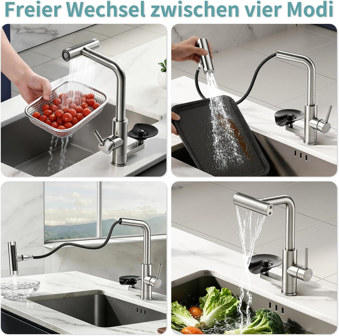 360° drehbarer Wasserhahn Küche ausziehbar mit Brause, wasserfall Mischbatterie Küche mit Gläserspül