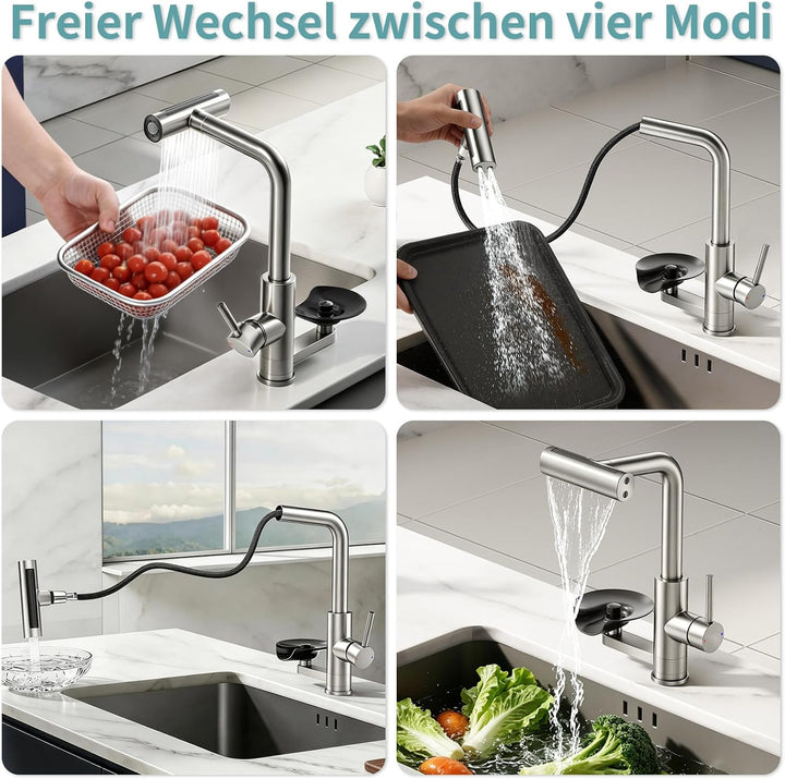 360° drehbarer Wasserhahn Küche ausziehbar mit Brause, wasserfall Mischbatterie Küche mit Gläserspül